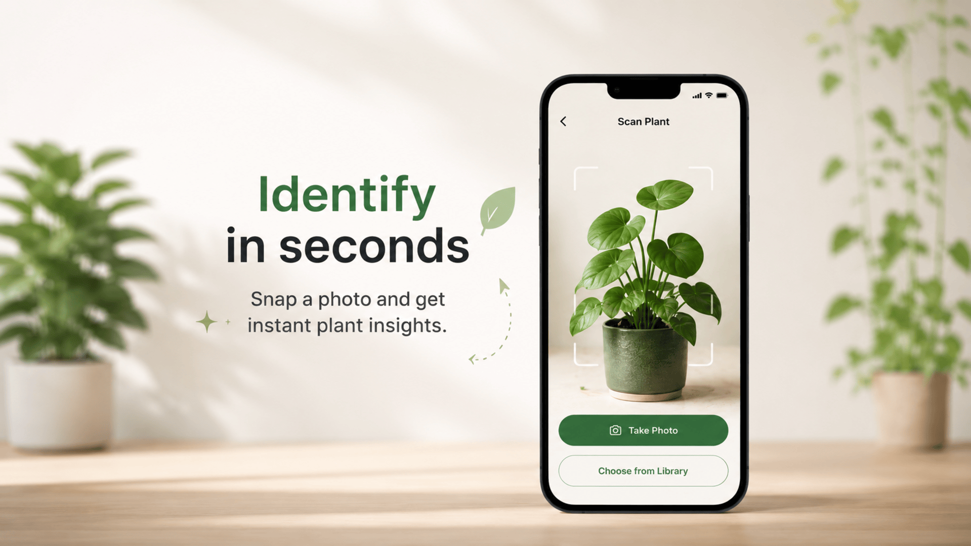 Greenao plant scan screen showing identify in seconds